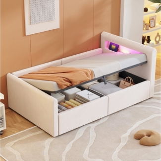 KLAM HOME Polsterbett Kinderbett 90*200 cm, Mit LED-Licht, Nachtlicht und USB-Ladeanschluss (Mit Regal, Mit Hydraulischem Stauraum, Einfaches Einzelbett), Verstellbare Rückenlehnen, ohne Matratze