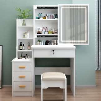 Schminktisch mit LED-Beleuchtung, Spiegel, Stuhl, Frisiertisch, Holz