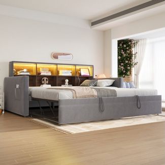 Flieks Daybett, LED Polsterbett 90/180x190 cm mit Ausziehbett, Staufächern und Aufladen