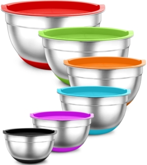 TEAMFAR Rührschüssel 6er-Set Edelstahl Salatschüssel Luftdichten Deckel 0.7L