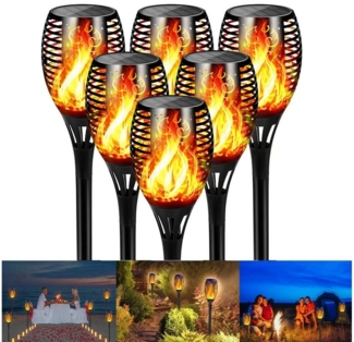 LETGOSPT LED Solarleuchte 6x LED Solar Fackel Außen Lampen Garten Weg Feuereffekt Strahler, LED fest integriert, Warmweiß, Solarleuchten mit realistischen Flammen