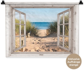 MuchoWow Wanddekoobjekt Durchblick - Strand - Meer - Dünen - Sand - Wasser - Hochgras, Wanddeko Teppich Wohnzimmer, Schlafzimmer, 60x45 cm
