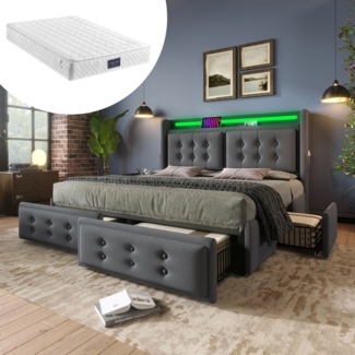 Polsterbett Doppelbett, mit LED-Kopfteil und USB-C-Ladefunktion und 4 Schubladen, Stauraumbetten mit Lattenrost aus Holz und Metallrahmen, Belastbarkeit 300 kg, Baumwolle, Grau, Mit Matratze, 160 x 200 cm
