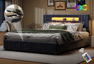 FUROKOY Stauraumbett Doppelbett Polsterbett mit Lattenrost und hydraulischen Stützen, 160x200 cm,LED-Beleuchtung,Stauraum,Gepolstert,Material Samt,Grau