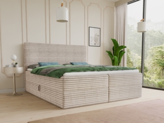 Boxspringbett Mollo mit 2 Bettkästen, Doppelbett mit Bonell-Matratze und Topper, Polsterbett in weichem Cordstoff, Bett, Bettgestell für Schlafzimmer (Beige (Tilia 03), 140x200 cm)