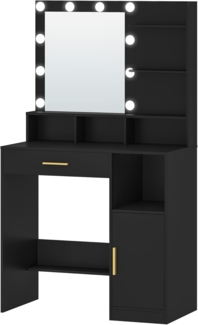 Schminktisch mit Spiegel und 10 LED-Leuchten, Schminkkommode mit 3 Ablagen & 4 offenen Fächern, Schminktisch mit Großer Schublade & Schrank, Schwarz