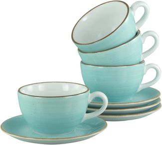 CreaTable Cappuccinotasse Vintage Nature Aqua, Cappuccino-Set, 8-tlg, 8-tlg, Porzellan, Handgemalt, Gesprenkelt, Rustikales Außenband