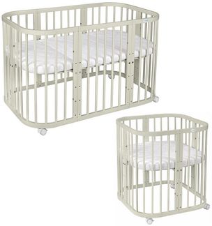 Waldin Babybett aus Holz 7in1 mit Matratze, Mitwachsendes Kinder-Bett, Belüftet, Boden 5-Fach Verstellbar, All-Inclusive-Set, Holz Olive