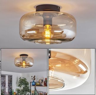 hofstein Deckenleuchte runde Deckenlampe aus Metall/Glas in Schwarz/Bernsteinfarben, ohne Leuchtmittel, im Vintage-Design mit Glasschirm (28 cm), 1 x E27, ohne Leuchtmittel