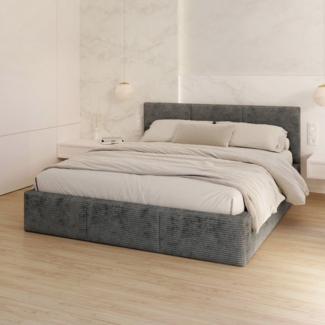 FDM Polsterbett AMBER modern mit Bettkasten MADE IN EU - mit Cord Bezug (verfügbar 90x200 120x200 140x200 160x200 180x200cm, Bettrahmen, Bett, mit großen gepolsterten Kopfteil, mit Bettkasten zum aufklappen), Hebbarer Metallrahmen, Bettkasten, mit/ohne...