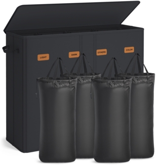SONGMICS Wäschekorb mit 4 Fächern, 210 L, mit Deckel, 5 Etiketten, herausnehmbarer und waschbarer Innensack, Waschküche Schlafzimmer, tintenschwarz