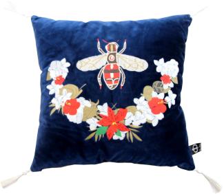 Casa Padrino Luxus Deko Kissen mit Troddeln Bee Blau / Weiß 45 x 45 cm - Feinster Samtstoff - Luxus Deko Accessoires