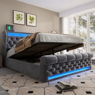 MODFU Polsterbett Hydraulisches Samt-Bett, rautenförmige Knopfknoten (Funktionsbett, 1-tlg, 140x200cm, ohne Matratze), mit USB- und Typ-C-Anschlüssen, LED-Leuchten