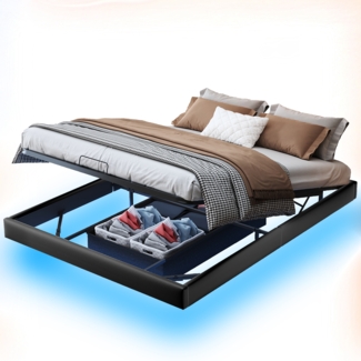 Bett 160x200 cm ohne Kopfteil in schwarz mit LED-Beleuchtung und Gasdruckmechanismus