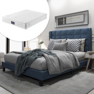 Polsterbett 140x200 cm mit gepolstertem Kopfteil, Stoffbett in Blau, stabile Holzlatten, ruhiges Design,inklusive Matratze