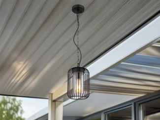 LED Outdoor Hängeleuchte mit Gitterschirm aus schwarzem Edelstahl, Höhe 75,5cm