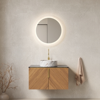 Badezimmer-Waschtisch, Wandmontie mit Weißes rundes Keramikbecken mit Steinmuster Schwarze Arbeitsplatte aus gesintertem Stein Sperrholzschrank mit 2 Türen, Sperrholz/Keramik/Sinterstein, Espresso Holzmaserung, 76cm
