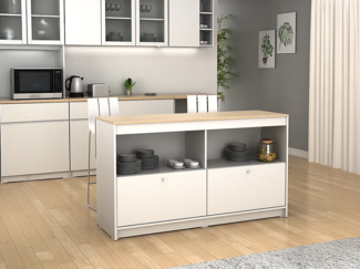 Vente-unique - Kücheninsel mit 2 Türen und 2 Fächern – Weiß & Eiche – TEKYNA