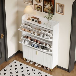 Schuhschrank mit 3 Klappen aus MDF, B 80 x T 23 x H 123,5 cm, mattweiß mit Metallfüßen