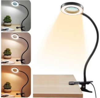 PRIISF LED Klemmtischleuchte LED Lupenlampe 5X Ringlicht Standlupe Leselupe Lesehilfe Lupe Sehhilfe, 9W, 3000K Warme Licht, 4500K Warmweiß, 6500K Kaltweiß, 5-fache Vergrößerung, LED-Lupenleuchte Flexibler Schwanenhals dimmbar für Büro Schreibtisch