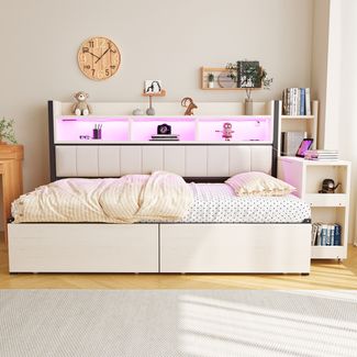 Bett 90x200 cm Liegefläche mit viel Stauraum und ausziehbarem Schreibtisch, Metalll-Holz, weiß