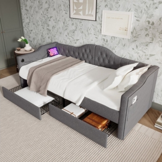HAUSS SPOLE Schlafsofa 90x200cm Daybett mit USB Type C Ladefunktion, 2 Schubladen Grau Leinen, 90x200cm, mit USB Type C Ladefunktion und 2 Schubladen