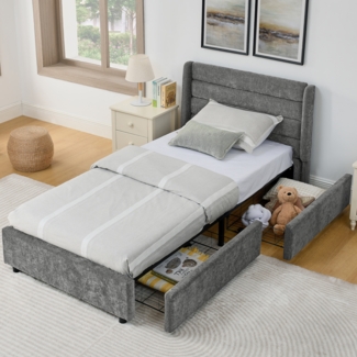 Kinderbett 90x200 cm, Chenille-Bezug, 2 große Schubladen, Eukalyptus-Holz & Eisenrahmen, stabil & langlebig