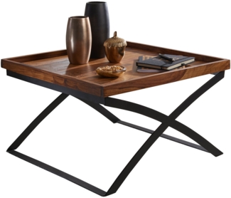 Couchtisch WL5.595 63 x 39 x 63 cm Sheesham Massivholz / Metall Sofatisch, Design Wohnzimmertisch Industrial Style, Stubentisch Braun/Schwarz, Designer Kaffeetisch massiv, Tisch quadratisch