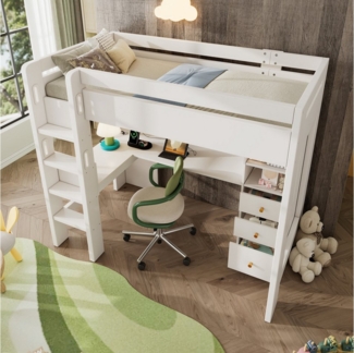 HAUSS SPOLE Hochbett 90x200 cm mit L-förmigem Schreibtisch, Schubladen mit Ladebereich Weiß (Etagenbett, Kinderbett, Massivholzbett mit Leiter, 1-St, 90×200cm, ohne Matratze) mit L-förmigem Schreibtisch, Regalen und Schubladen