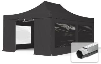 4x6 m Faltpavillon, PROFESSIONAL Alu 50mm, feuersicher, Seitenteile mit Panoramafenstern, schwarz