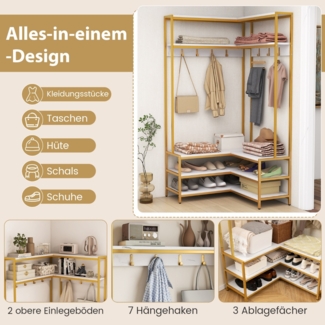 Eck-Garderobenständer mit Sitzbank L-förmiger Kleiderständer mit offenen Ablagen 90 x 90 x 178 cm Weiß