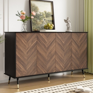 KLAM HOME Sideboard Modernes Sideboard mit Fischgrätmuster – Buffet Schrank mit 4 Türen (Kommode mit höhenverstellbaren Regalen – MDF Holz & Metallfüße), Stauraum für Wohnzimmer, Flur & Esszimmer