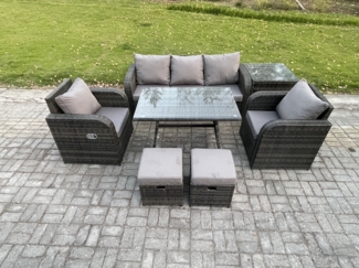 Fimous Hoher Rücken Rattan Gartenmöbel Sets mit Rechteckiger Esstisch Liegestühle 3-Sitzer Sofa 2 kleine Fußhockern Beistelltisch