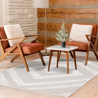 Teppich Wohnzimmer - 200x290cm - Creme - Raute - Hochtief Effekt - Fransen Deko Boho Flauschig - Cut & Loop Sisal - Schlafzimmer Flur Dekoration Läufer