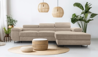 AX LIVING Cord Couch L Form – Arborio 280cm R Ecksofa in Beige mit Schlaffunktion