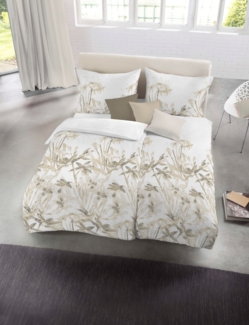 Fleuresse Halbleinen Bettwäsche 200x200 Gräser Blätter braun weiß 344216-07