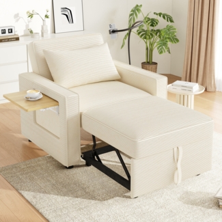 Merax Faltbares Schlafsofa mit USB-Ladeanschluss und Handyhalter, 1-Sitzer Relaxsessel Sofa Bett umwandelbar, Cord Stoff, Beige
