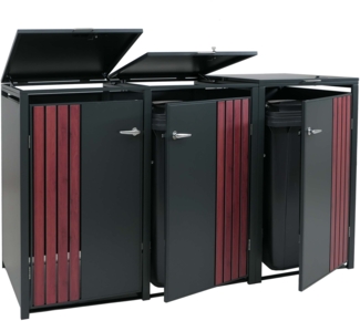 3er-Mülltonnenverkleidung HWC-O67, Mülltonnenbox mit Deckel, Metall 122x200x84cm 83kg ~ anthrazit Holzoptik dunkel