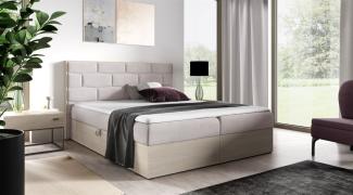 Boxspringbett Bett BEILA 160x200cm Nordic Teak Stoff Hellbeige inkl. Bettkasten
