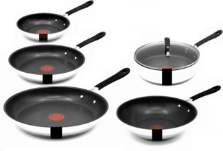 Tefal Pfannen-Set Jamie Oliver E76 Pfannenset 20,24,28cm + Wok 28cm Schmorpfanne mD 25cm, Edelstahl 18/10 (Pfanne, Bratpfannen Set, Pfannenset, Wok, Wokpfanne, Schmorpfanne, Pfannen + 1 Wender & Schoner Antihaftbeschichtet Pfannenset mit Deckel), ohne ...