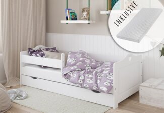 Kids Collective Kinderbett 80x160 80x180 90x200 mit Matratze, Rausfallschutz & Schublade, in weiß 180x80 Mädchen, viel Stauraum,"Made in Europe", Komplettbett