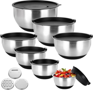 Edelstahl Schüssel Set 7-teilig Salatschüssel Deckel 3 Reibenaufsätzen