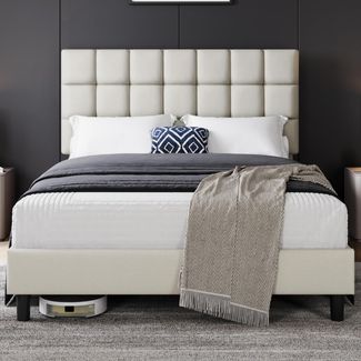 Yaheetech Bettgestell mit gepolstertem Kopfteil, Lattenrost aus Holz, quadratisches Kopfteil höhenverstellbar, modern, Beige, 140x200 cm