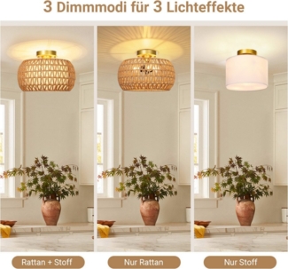 Jibenhome Deckenleuchte Handgewebte Boho Rattan-Deckenleuchte mit Stoffschirm, Deckenlampe, mit 3 LED-Glühbirnen, Doppelter Lampenschirm