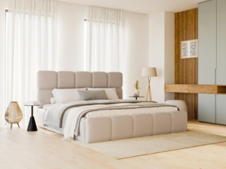 Vente-unique - Bett mit Bettkasten - 180 x 200 cm - Stoff Leder-Optik - Beige + Matratze - DAMADO von Pascal Morabito