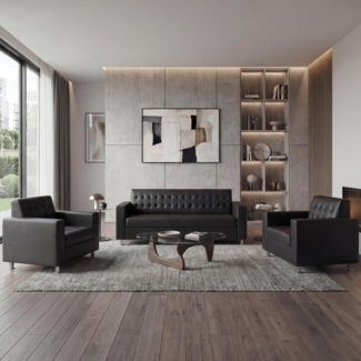 3-1-1 Sofagarnitur Kunda, Couch Loungesofa Kunstleder, Metall-Füße ~ schwarz