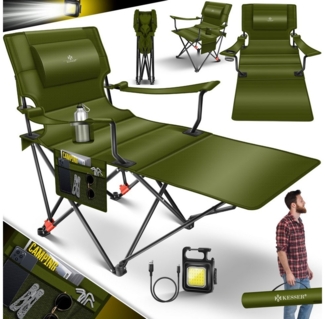 KESSER® Campingliege Campingstuhl 2in1 bis 160kg | Feldbett klappbar | Campingbett faltbar extra breit | Campinglicht & Getränkehalter + Aufbewahrungstasche & Transporttasche | Angelliege verstellbar Khaki / Schwarz