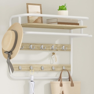 Wandgarderobe mit Ablage, Wandregal mit 10 Abnehmbaren Haken, 2 Seitliche Befestigungshaken, 1 Stangen, 64,5 x 30 x 54 cm, für Flur, Schlafzimmer, Wohnzimmer, Eichefarben-Weiß