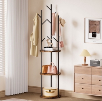 Yorbay Garderobenständer Kleiderständer aus Holz&Metalrahmen, Garderobe mit 9 Haken & 3 Ablagen, Freistehend, offen Standgarderobe in Baumform, 40 x 40 x 173 cm