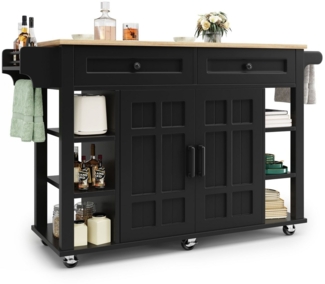SeedWave Kücheninsel mit klappbarer 65 cm Arbeitsplatte, 2 großen Schubladen, 125L Schrank, offenen Seitenfächern, Handtuch- & Gewürzhalter, Rollen mit Bremse
